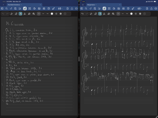 iPad screenshot. Pachelbel analysis notes on left. Hand written music notation on the right.