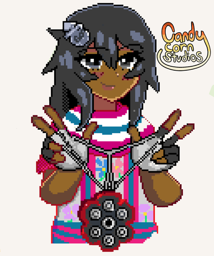 Bridget with a different look because she is a Zapotec Muxe in this alternate universe. She has tan skin and black hair and wears a traditional Oaxacan dress. She is doing a double V and doing tricks with her yo-yo weapon. Located near Villa de Etla next to a trans nyan cat