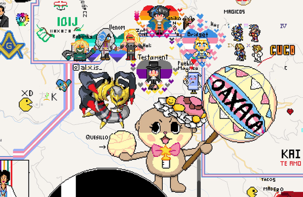 Chiitan holding a marmota de calenda and also a roll of Quesillo, a really tasty cheese from this region. She is next to chibi pixel art of Venom, Robó-ky, Zato-One, Testament, Unika, and Bridget. Located near Capulalpam  de Mendez