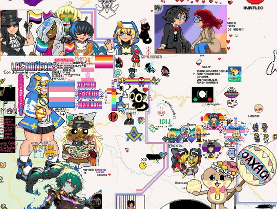 A zoomed out view of the previous image , but with yet more sprite art of Testament, Venom, Robó-Ky, Unika, and Bridget. Also giant Bridget holding a trans flag. The latter is located near Ixtlán de Juarez