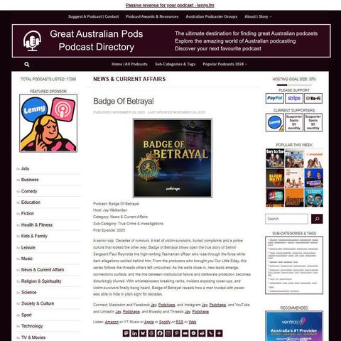 Badge Of Betrayal
Screenshot of the podcast listing on the Great Australian Pods website