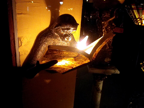A dark, close-up photograph depicts a sculpted figure of a monkey reading an open book. The figure, likely made of a dark material such as bronze , is positioned in front of a textured, brick-like wall and appears to be illuminated by a warm, internal light source. The open book emits a bright glow, highlighting the pages and the figure's hands which are holding it open. The figure's face is largely obscured in shadow, but appears to have glasses. The photograph has a dramatic contrast between light and dark, and the surroundings are dimly lit, with some blurred shapes visible in the background.