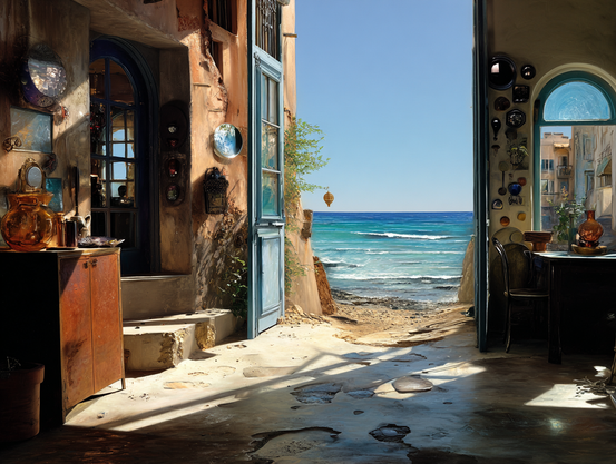 An inviting, sunlit room in a split building, windows in each side of which are clearly looking out on different worlds.