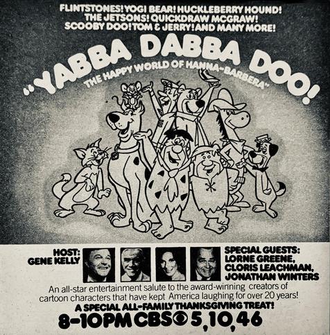 A TV Guide ad for YABBA DABBA DOO: THE HAPPY WORLD OF HANNA-BARBERA, a salute to the partnership of William Hanna and Joseph Barbera.
