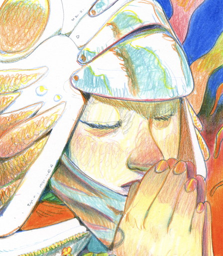 colour pencil drawing of a character wearing colourful attire in a praying pose