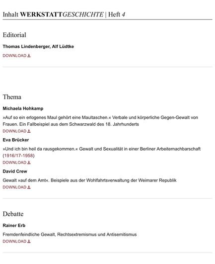 Screenshot vom Inhaltsverzeichnis von WerkstattGeschichte 4/1993 (Auszug)