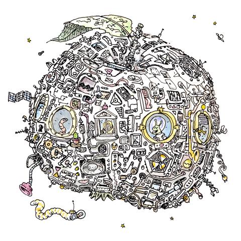 A kind of space ship that is shaped like an apple with a leaf, floating in space. The surface is full of technical looking details and there are several windows, through which you can see some creatures inside. To the lower left, a worm a space suit floats outside of the craft. In the background a few stars and a ringed planet are visible. Black line drawing in white paper with a little colouring here and there. 

Eine Art Raumschiff in der Form eines großen Apfels mit einem Blatt, der im Weltraum schwebt. Die Oberfläche ist voller technisch wirkender Details, und es gibt ein paar Fenster, durch die man verschiedene Wesen im Inneren sehen kann. Unten links schwebt ein Wurm in einem Raumanzug außerhalb des Raumschiffes. Im Hintergrund sieht man ein paar Sterne und einen Planeten mit einem Ring. Das Ganze ist eine Strichzeichnung auf weißem Papier mit ein paar farbigen Details.