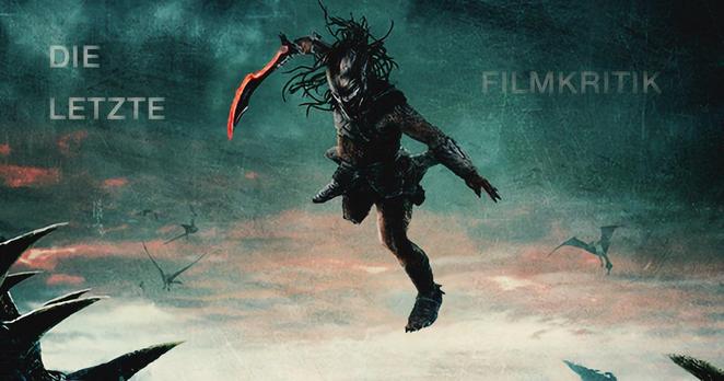 Yautja Dek mit gezücktem Schwert im Anflug auf ein riesiges Monster. Artwork des Films "Predator: Badlands" als Cover des Podcasts "Die Letzte Filmkritik".