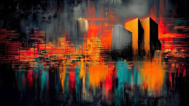 🇫🇷 Composition urbaine abstraite dominée par deux tours orangées et un halo solaire diffus, entourée de stries rouges, bleues et jaunes, évoquant une ville crépusculaire en fusion.
🇬🇧 Abstract urban composition dominated by two orange towers and a soft solar halo, surrounded by red, blue and yellow streaks, evoking a melting twilight city.