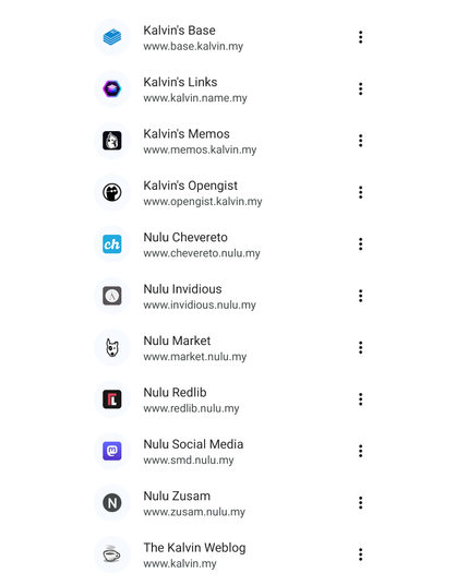 A list of eleven self-hosted web applications running on a server, including links, Memos, Opengist, and Nulu subdomains.