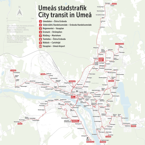 Unofficial map of Umeå’s city bus network 🚌🇸🇪 A geography-based alternative to the official schematic, built in QGIS with OpenStreetMap data.