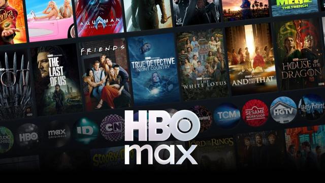 A promotional graphic featuring the large white HBO Max logo centered over a collage of posters for popular movies and shows, including House of the Dragon, The Last of Us, Friends, Barbie, and True Detective, with circular brand hub icons for HBO, DC, and Cartoon Network displayed along the bottom.