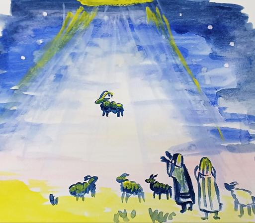 水彩画（不透明水彩）
UFOに連れ去られる羊とそれを見る羊、羊飼い