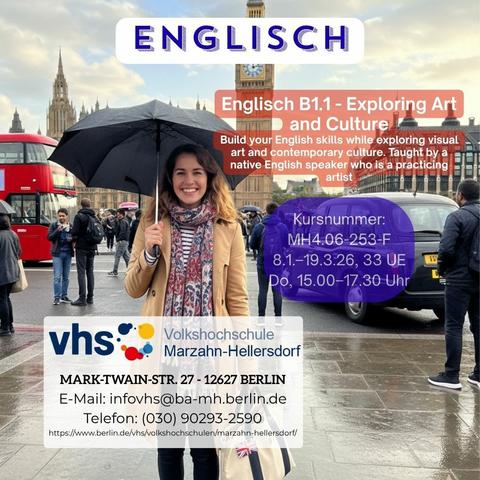Sprachkurs Englisch B1.1 - Exploring Art and Culture an der VHS Marzahn-Hellersdorf mit Details für die Kursanmeldung, junge Frau mit Regenschirm steht in London vor Big Ben.