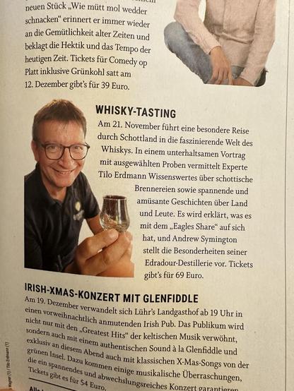 Das Bild zeigt einen Text, der für eine Whiskyverkostung unter der Leitung des Experten Tilo Erdmann wirbt, die für den 21. November geplant ist. Es enthält Details über die Veranstaltung, wie eine Reise durch schottischen Whisky, Einblicke in Brennereien und amüsante Geschichten über Schottland