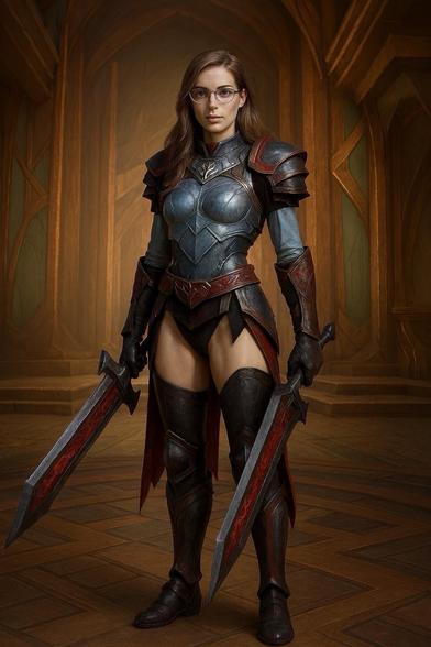 A woman Fury Warrior wearing an intricately designed armored costume, holding two swords. She has long hair and glasses, standing confidently against a dimly lit, stone background that suggests a medieval or fantasy setting.