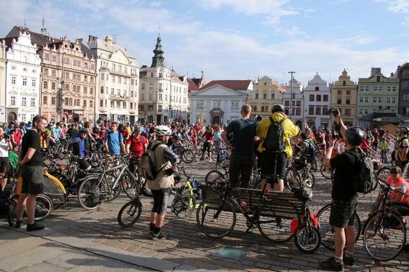 Gathering of cyclists on the main city square.