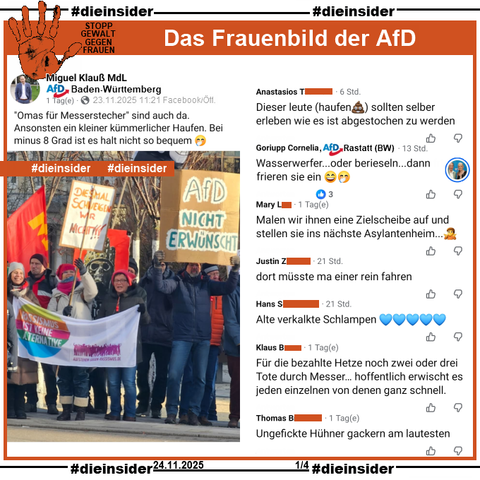 Miguel Klauß MdL der AfD Baden-Württemberg teilt am Sonntag 23.11.2025 ein Bild der Omas gegen Rechts von der Gegendemo zum AfD Landesparteitag und postet "'Omas für Messerstecher' sind auch da. Ansonsten ein kleiner kümmerlicher Haufen. Bei minus 8 Grad ist es halt nicht so bequem. 🤭" dazu.

Unter unserer Überschrift zu "STOPP GEWALT GEGEN FRAUEN: Das Frauenbild der AfD" zeigen wir auf Slide 1 u.a. folgende Kommentare:
"Dieser leute (haufen) sollten selber erleben wie es ist abgestochen zu werden.", 
Cornelia Goriupp von der AfD Rastatt (BW) kommentiert "Wasserwerfer... oder berieseln... dann frieren sie ein.", 
"Malen wir ihnen eine Zielscheibe auf und stellen sie ins nächste Asylantenheim...", 
"dort müsste ma einer rein fahren.", 
"Alte verkalkte Schlampen.", 
"Für die bezahlte Hetze noch zwei oder drei Tote durch Messer... hoffentlich erwischt es jeden einzelnen von denen ganz schnell." und 
"Ungefickte Hühner gackern am lautesten."