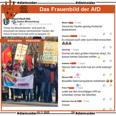 Miguel Klauß MdL der AfD Baden-Württemberg teilt am Sonntag 23.11.2025 ein Bild der Omas gegen Rechts von der Gegendemo zum AfD Landesparteitag und postet "'Omas für Messerstecher' sind auch da. Ansonsten ein kleiner kümmerlicher Haufen. Bei minus 8 Grad ist es halt nicht so bequem. 🤭" dazu.

Unter unserer Überschrift zu "STOPP GEWALT GEGEN FRAUEN: Das Frauenbild der AfD" zeigen wir auf Slide 2 u.a. folgende Kommentare:
"Verwirrter Haufen geistig limitierter Butterbirnen.", 
"Es müsste euch oder eure Enkel erwischen.", 
"Einmal mit dem großen Hammer drauf. Du kannst keinen falschen treffen.", 
"Warum fährt da nicht mal ein LKW entlang?", 
"Bezahlte Gehirnamputierte Vollidioten.", 
"Leder bei den Anschlägen trifft es scheinbar immer die falschen." und 
"Fotzen."