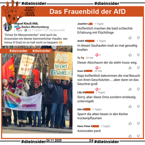 Miguel Klauß MdL der AfD Baden-Württemberg teilt am Sonntag 23.11.2025 ein Bild der Omas gegen Rechts von der Gegendemo zum AfD Landesparteitag und postet "'Omas für Messerstecher' sind auch da. Ansonsten ein kleiner kümmerlicher Haufen. Bei minus 8 Grad ist es halt nicht so bequem. 🤭" dazu.

Unter unserer Überschrift zu "STOPP GEWALT GEGEN FRAUEN: Das Frauenbild der AfD" zeigen wir auf Slide 3 u.a. folgende Kommentare:
"Hoffentlich machen die bald schlechte Erfahrung mit Flüchtlinge.", 
"In diesen Sauhaufen muß es mal gewaltig knallen.", 
"Dieser Abschaum der da steht muss weg.", 
"Naja hoffentlich bekommen die mal Besuch von ihren Geschützten... aber dann ist das Geschrei groß.", 
"Sorry, aber diese Oma sondern eindeutig untervögelt.", 
"Sperrt die alten hexen in den Kerker trockenpflaumen." und 
"Assiozales pack."