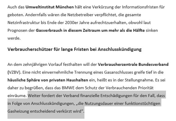 Absatz aus dem Background Tagesspiegel KlimaEnergie vom 25.11.25 aus dem Artikel zur Umsetzung des EU-Gaspakets. Im Text ein markierter Satz.