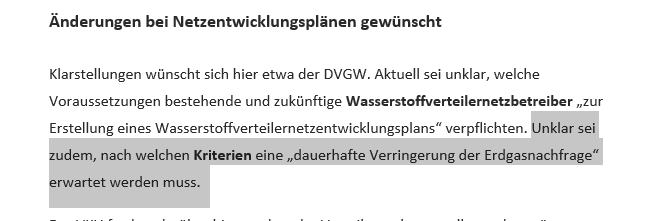 Absatz aus dem Background Tagesspiegel KlimaEnergie vom 25.11.25 aus dem Artikel zur Umsetzung des EU-Gaspakets. Im Text ein markierter Satz.