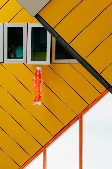 A plastic fish hanging outside a window in front of a yellow striped background.