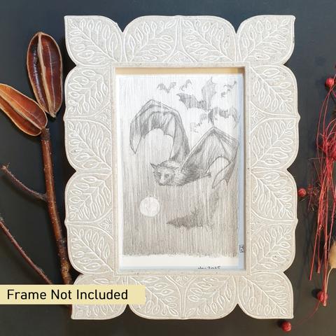 A very small pencil drawing of a fruit bat in flight with a group of bats flying behind him and the moon in the sky.
An original art work, please note that the frame is not included.
Colour pencil on white acid free artist watercolour paper (postcard size).
Approximately 4 by 6 inches (10.16 x 15.24 cm) will fit into a standard 4 by 6 inch photo frame.