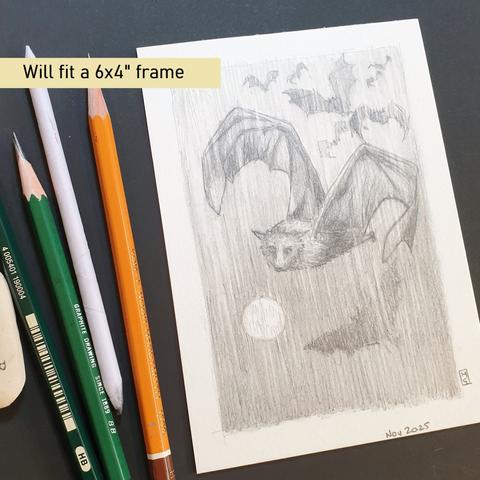 A very small pencil drawing of a fruit bat in flight with a group of bats flying behind him and the moon in the sky.
An original art work, please note that the frame is not included.
Colour pencil on white acid free artist watercolour paper (postcard size).
Approximately 4 by 6 inches (10.16 x 15.24 cm) will fit into a standard 4 by 6 inch photo frame.