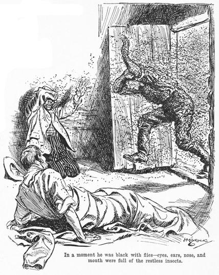 An illustration showing a man barging into a wooden hut, flailing his arms in the midst of a cloud of flying insects. Another man is against the wall, fending off the flies and another has been woken by the commotion. The caption reads: "In a moment he was black with flies - eyes, ears, nose, and mouth were full of the restless insects."