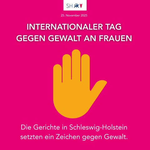 Rosa Hintergrund, in der Mitte eine orangene Hand, die ein Stopp-Zeichen macht. Text: 25. November 2025 Internationaler Tag gegen Gewalt an Frauen. Die Gerichte in Schleswig-Holstein setzen ein Zeichen gegen Gewalt.