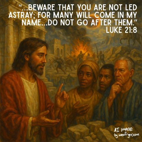 An oil painting-style image of Jesus teaching three diverse listeners among broken stones and a burning, war-torn city, while dark clouds swirl overhead. White text at the top quotes Luke 21:8, and the bottom right corner reads “AI IMAGE by wesfryer.com.”