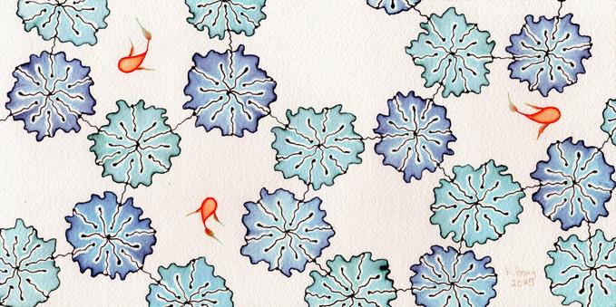 Hand drawn generative/procedural art in ink on watercolor paper. The abstract pattern is inspired by chemical diagrams but looks a bit like connected florals with fish
