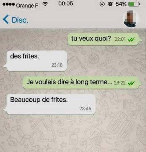 anoname: tu veux quoi? lapot: des frites. anoname: Je voulais dire à long terme... lapot: Beaucoup de frites.