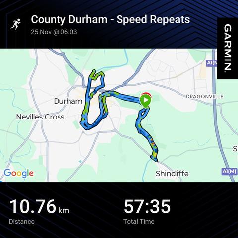 Garmin activity showing a run. 10.7km 57min
