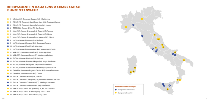Mappa dell'Italia con indicazioni sui ritrovamenti archeologici lungo strade statali e linee ferroviarie, evidenziando le località specifiche di ciascun ritrovamento.