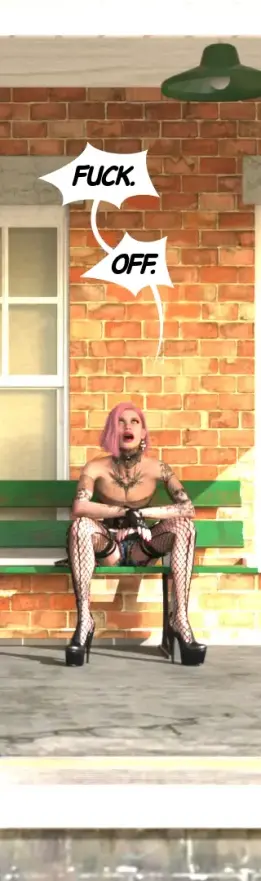 Ash sitting slumped on a train station bench, rolling their eyes and exclaiming "Fuck. Off."