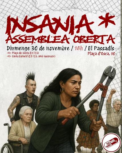 cartell iŀlustrat amb IA generativa. Hi ha una persona punki, dues amb cabell blanc, una amb rínxols negres i una amb cabells negres llargs, en primer pla amb unes tenalles enormes obrint una reixa