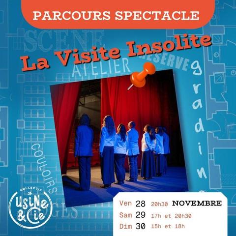 Affiche du prochain spectacle "La Visite Insolite" avec les dates des représentations (accessibles sur le lien donné dans le post). On y vois les membres du collectif en ligne, de dos, depuis l'arrière scène du théâtre, avec le rideau rouge en train de se refermer.