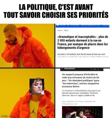 meme "Drake no / yes" 

Texte : 
La politique c'est avant tout savoir choisir ses priorités

Drake "no" = article «Dramatique et inacceptable» : plus de 2 000 enfants dorment à la rue en France, par manque de places dans les hébergements d’urgence
Au moins 2 159 enfants, dont 503 de moins de trois ans, sont restés dans la nuit du 

Drake "yes" =   Un rapport propose d’interdire le voile aux mineures de moins de 16 ans : "Un étendard politique" pour "les islamistes", estime Jacqueline Eustache-Brinio

Les sénateurs Les Républicains ont proposé une série de mesures pour combattre "l'entrisme islamiste", dans un rapport publié mardi.