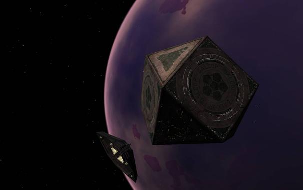 Screenshot aus dem Spiel Oolite, ein Raumschiff fliegt eine Raumstation an, im Hintergrund ist ein Planet zu sehen.