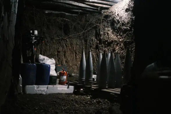 152mm shells on positions near Kupiansk in Kharkiv Oblast on Sept. 24, 2025. (Francis Farrell/The Kyiv Independent)