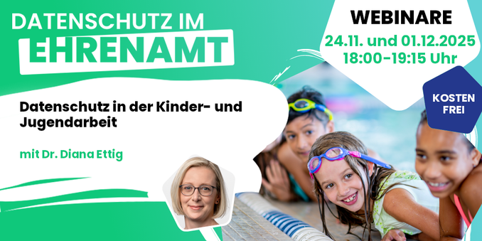 Veranstaltungsgrafik mit Titel und Terminen sowie Foto der Referentin und Foto von Kindern in einem Schwimmbad