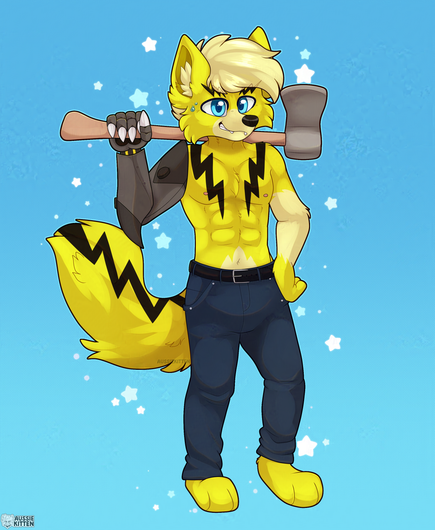 A yellow, cream and black male wolf furry holding an axe while wearing blue jeans, and resting the fire axe behind him on his shoulders. | Tags: furry, fursona, furryartist, furryfandom, wolf, wolf furry