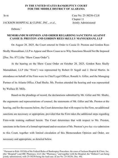 Caption and first page of In Re Jackson Hospital. Full text available at the link: https://www.linkedin.com/posts/davidkluft_jackson-activity-7399069449598836736-AWrI?utm_source=share&utm_medium=member_desktop&rcm=ACoAAAN_UBcBPBM_ohh5PF4QzCD5EXWYFgCyHwQ