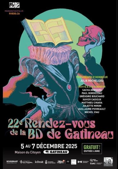 A promotional poster for a comic festival. featuring an illustration by Julie Rocheleau of a man who's head has been replaced by an open book. The character is dressed in Elizabethan era clothing and is holding a skull in a way the is reminiscent of the "To be of not to be" speech from Hamlet. The text reads "22e Rendez-vous de la BD de Gatineau, 5 to 7th of December 2025"
