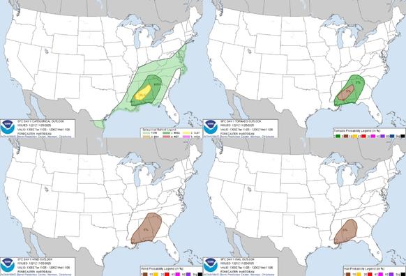 Isolated severe storms are possible across parts of the Southeast/Deep South this morning into the early evening hours. A couple tornadoes are possible in parts of eastern Mississippi and central Alabama.
#WeatherAwareDay #weather #wx #SPC  #SevereWeather #categorical #tornado #wind #hail 

Heavy Snow in the Northern Plains and Upper Midwest; Severe Thunderstorms in the Southern U.S.
In the north-central U.S., a storm will bring heavy snow and gusty to high winds over parts of the northern Plains and Upper Midwest today before moving across the Great Lakes with heavy lake effect snow Wednesday into Thanksgiving Day. Isolated severe thunderstorms are likely across parts of the Southeast/Deep South, mainly from this morning into early evening.