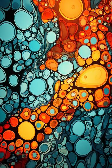 This is a highly detailed, abstract image composed of numerous overlapping, circular and amoebic shapes. The image is divided into two main color fields: a predominantly teal and blue area on the left, and a predominantly orange and yellow area on the right. These color fields are not sharply delineated but blend and intersect with each other. Each shape is outlined in a darker tone, creating a stained-glass effect.