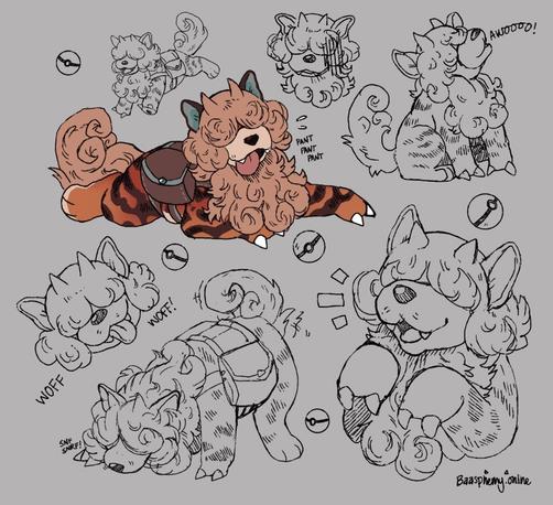 Various drawings of a hisuian growlithe. One in color where they are splooted and panting, the others are various expressions and another full body of them snorfing the ground.