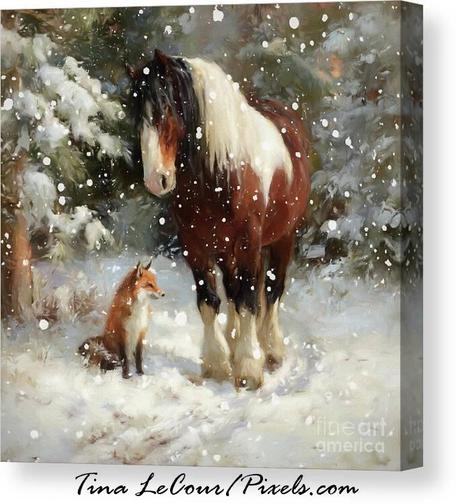 This is a canvas of a beautifulc clydesdale horse with a red fox standing together on a path during a winter snowfall.